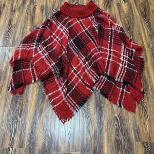 CATO Womens OS Turtleneck Buffalo Scotch Plaid Poncho Black Red Sweater Top